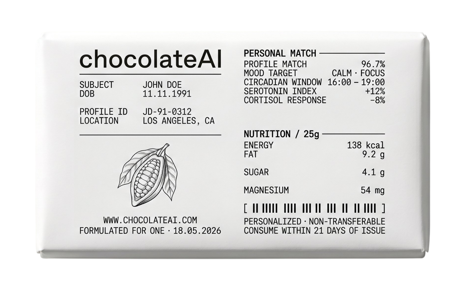 chocolateAI personalized chocolate bar — white matte packaging with lab-report data printed in black ink